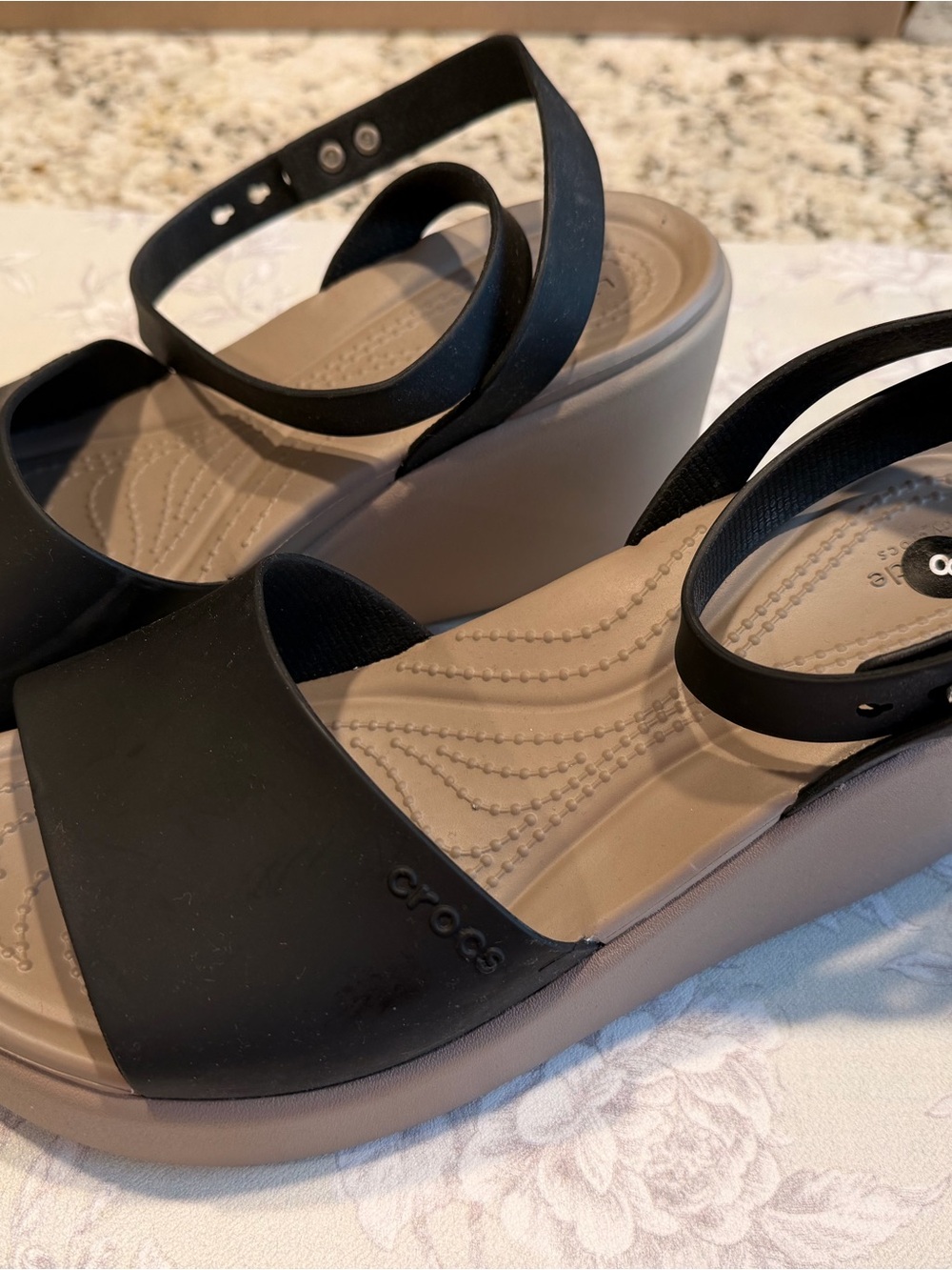 CROCS Black Strappy Wedge Sandals with Taupe Platform